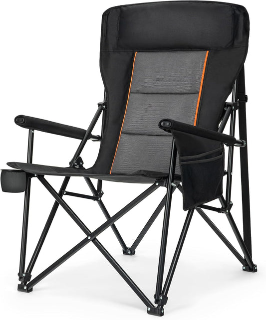 LET'S CAMP Oversized Camping Chairs 29.52" High Back Heavy Duty Lawn Chair Support 500LBS, Portable Collapsible Chair with Cup Holder, Side Pocket(Black)