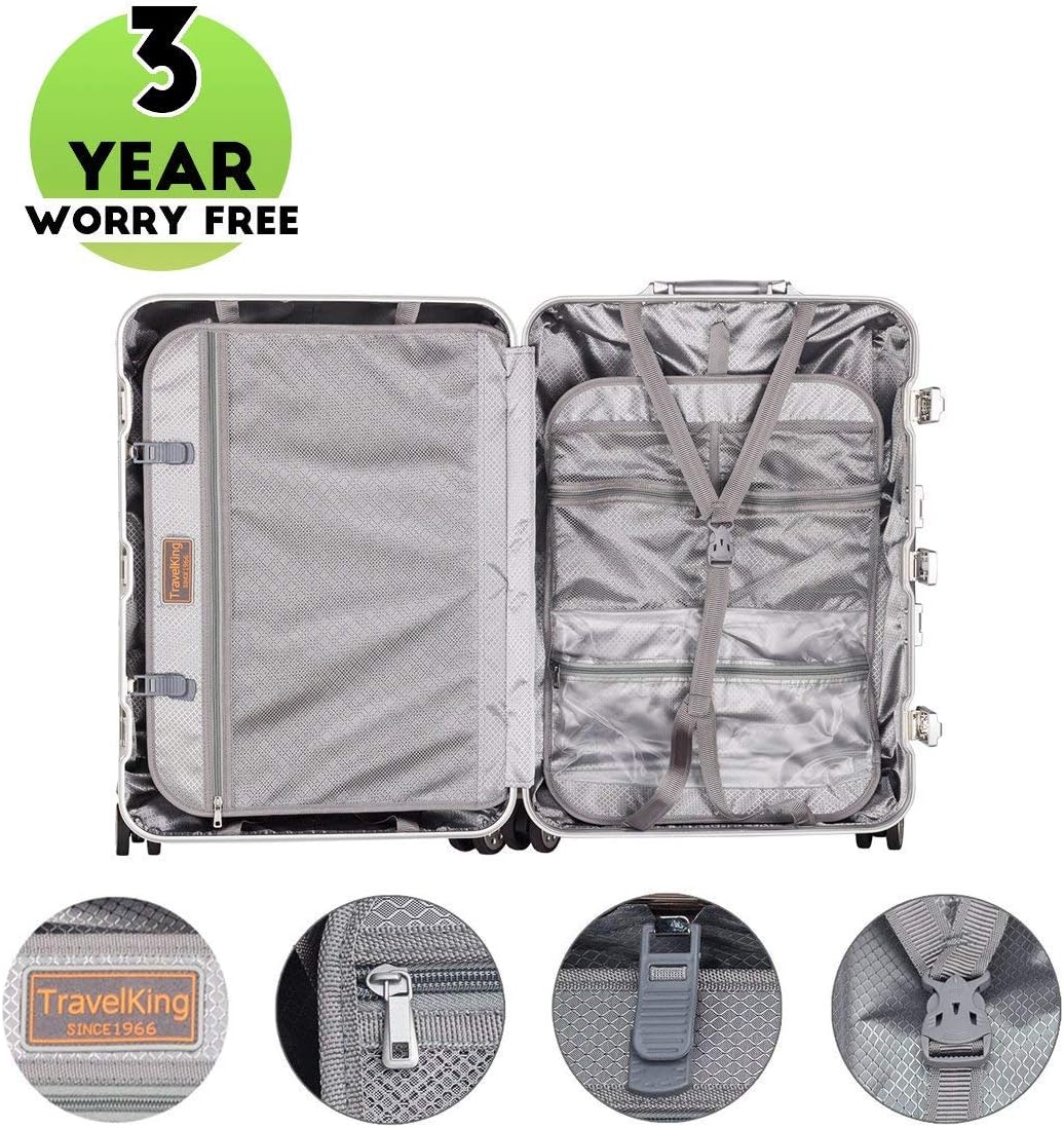 TRAVELKING All Aluminum Luggage Zipperless Hard Shell Suitcase with TSA Lock Spinner Wheels Lightweight Metal Alloy Suitcases (Silver, 24 inch)