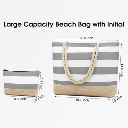 Becokan Beach Bag Initial Beach Tote with Makeup Bag for Travel Work Storage Personalized Birthday Gifts for Women Her
