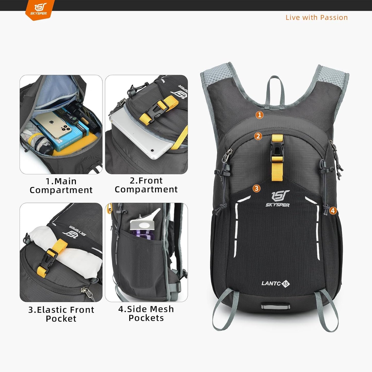 SKYSPER Small Hiking Backpack - 15L Travel Daypack Lightweight Bag Water Resistant Hiking Backpacks for Women Men