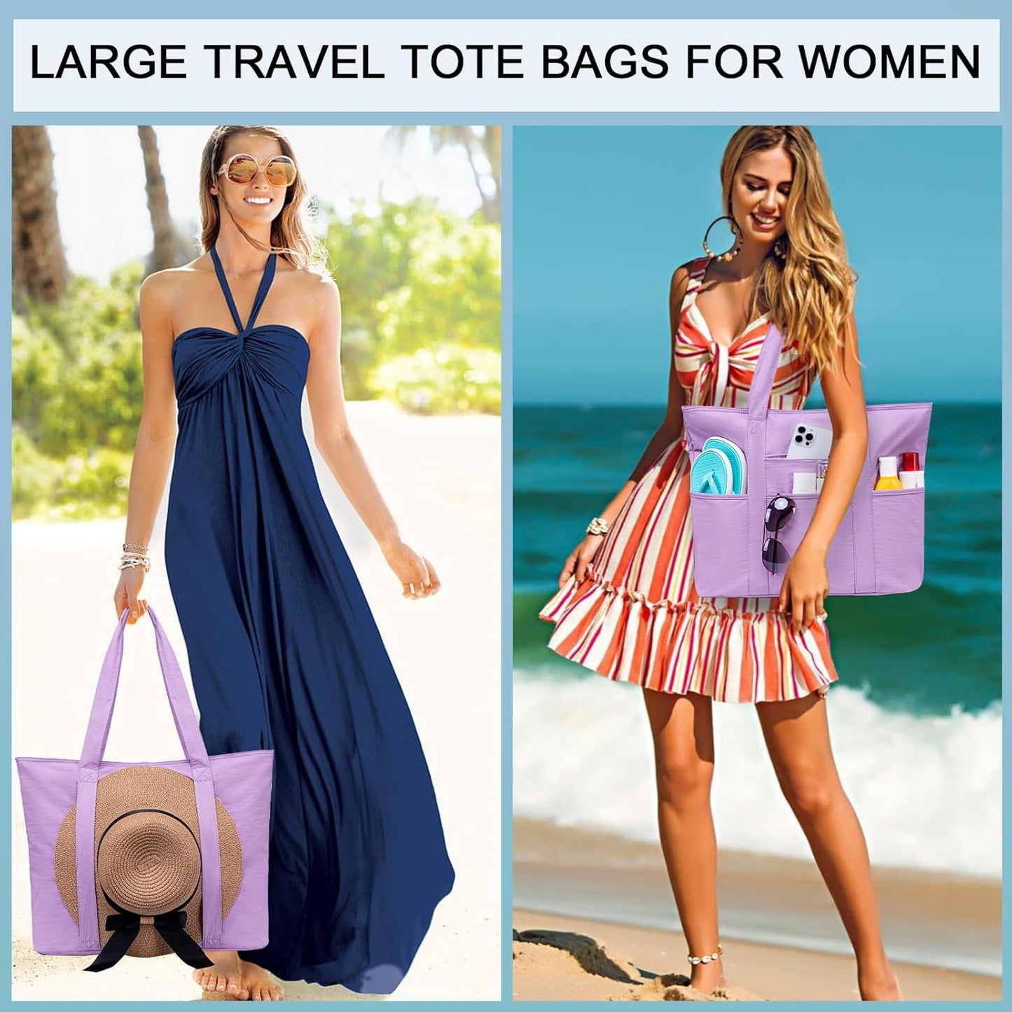 LEDAOU Beach Bags for Women, Beach Bags Waterproof Sandproof, Packable Beach Tote Bag with Zipper Travel Sports