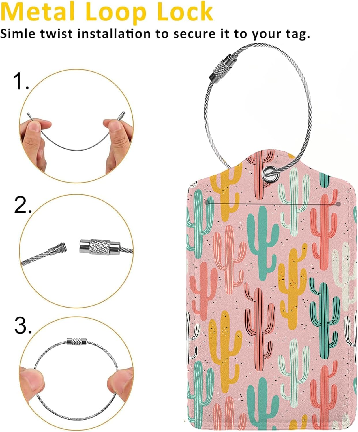Multicolored Cactus 2 Pcs Luggage Tags,Privacy Cover ID Label with Stainless Steel Loop and Address Card for Travel Bag Suitcase