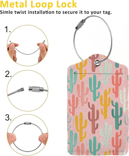 Multicolored Cactus 2 Pcs Luggage Tags,Privacy Cover ID Label with Stainless Steel Loop and Address Card for Travel Bag Suitcase