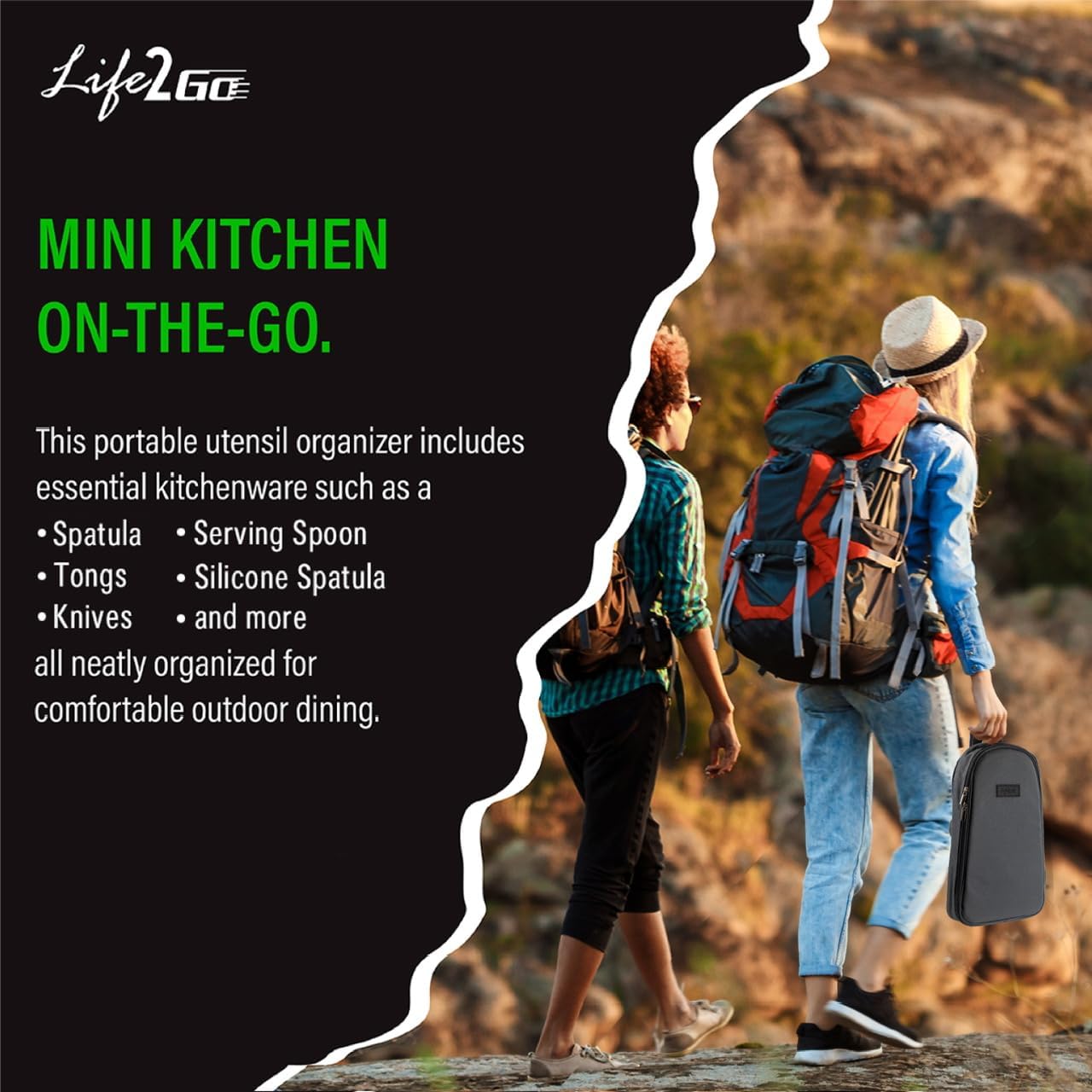 Life2Go 12 Piece Camp Cooking Utensil Set & Outdoor Kitchen Gear Cookware Kit, Portable Compact Carry Case for Camping, Hiking, Travel, BBQ Grilling Stainless Steel Accessories Spoon & Fork, Gray