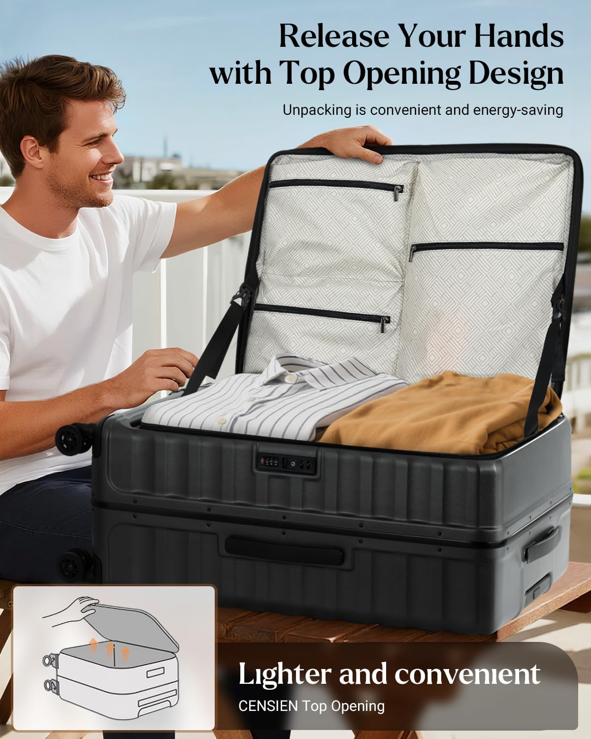 Checked Luggage, 28 Inch Luggage with Spinner Wheels, Large Suitcase with Lightweight PC Hard Shell, Aluminum Frame, Top Opening, YKK Zipper, TSA Lock (Black, 1PC)