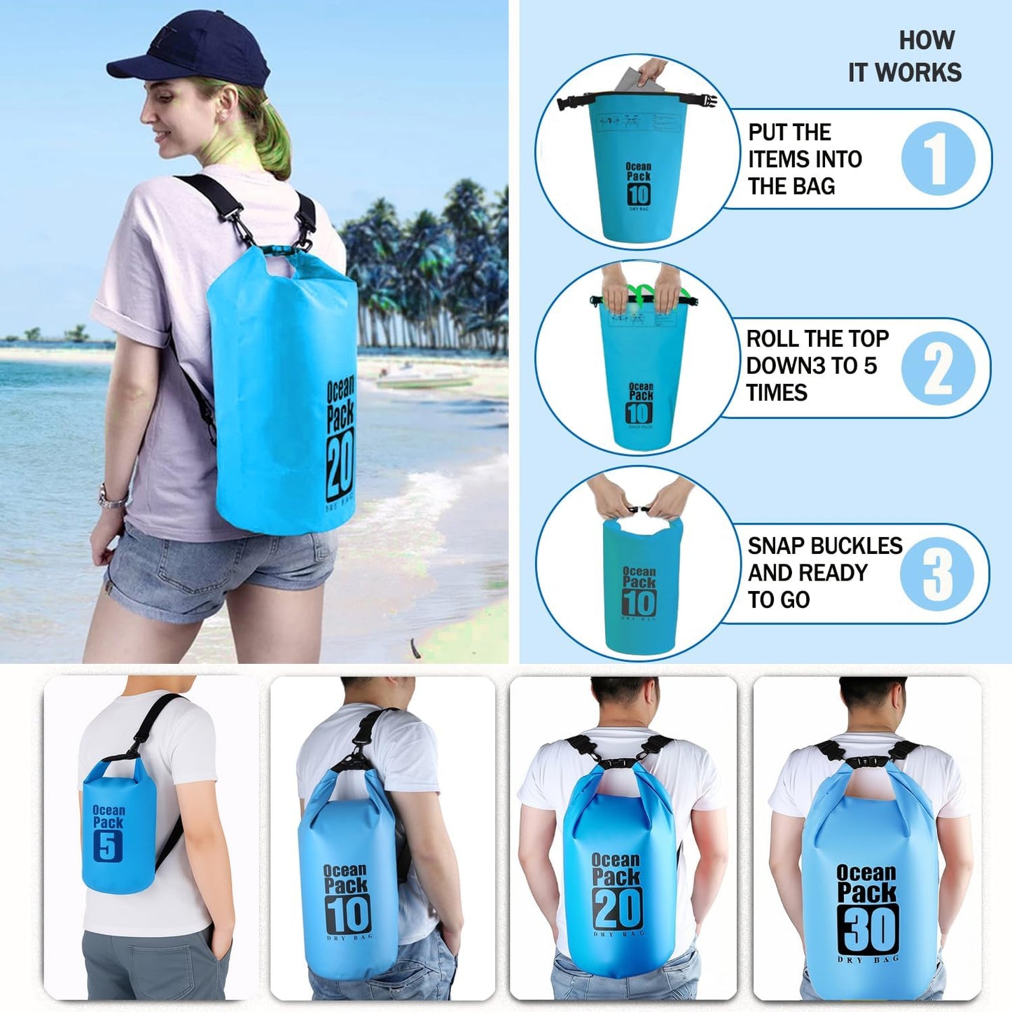 Dry Bag Waterproof Backpack 5L/10L/20L/30L Roll Top Waterproof Bag,Floating Dry bags for Kayaking,Swimming,Boating,Camping,Beach.