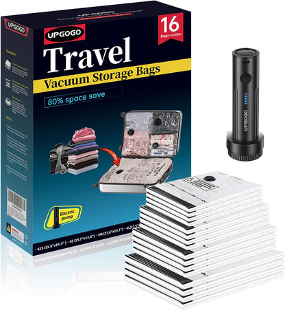 Combo 16 Pack Travel Vacuum Bags for Luggage with Portable Electric Pump,Vacuum Seal Bags for Clothing,Packing Cubes Compression,Cruise Ship and Travel Essentials