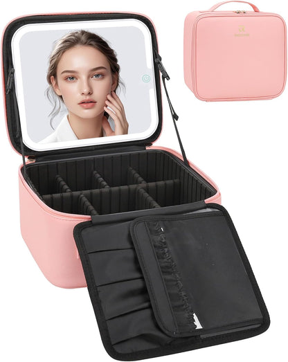 Relavel Makeup Bag with Light Up Mirror, Makeup Case Travel Cosmetic Bags Brush Organizer Storage Box, Rechargeable Vanity Mirror with 3 Color Lights, High Frame Mirror Protection (Pink)