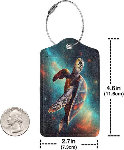 Sea Turtle Leather Luggage Tag with Stainless Steel Ring, Fun Name Id Card Cover Travel Bag Tag Set, Suitable for Travel Bag Luggage Women Men 2 PCS
