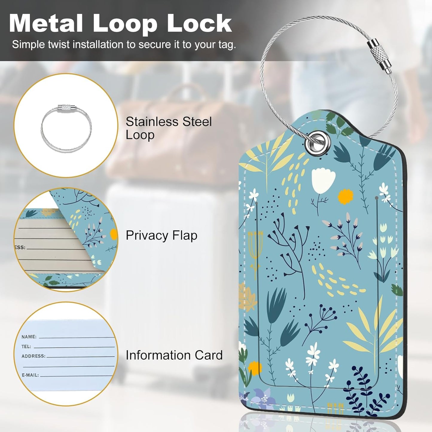2Pack Luggage Tags for Suitcases, Cute Unique Pu Leather Cruise Luggage Tag with Privacy Cover ID Label Address Card and Metal Ring Suitable for Women Men Kids Girls Travel Bag Tag Blue Floral Print