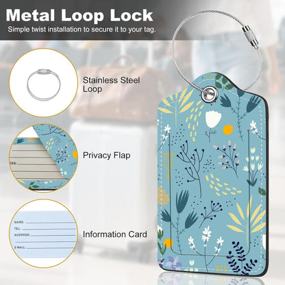 2Pack Luggage Tags for Suitcases, Cute Unique Pu Leather Cruise Luggage Tag with Privacy Cover ID Label Address Card and Metal Ring Suitable for Women Men Kids Girls Travel Bag Tag Blue Floral Print