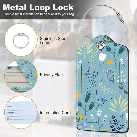 2Pack Luggage Tags for Suitcases, Cute Unique Pu Leather Cruise Luggage Tag with Privacy Cover ID Label Address Card and Metal Ring Suitable for Women Men Kids Girls Travel Bag Tag Blue Floral Print