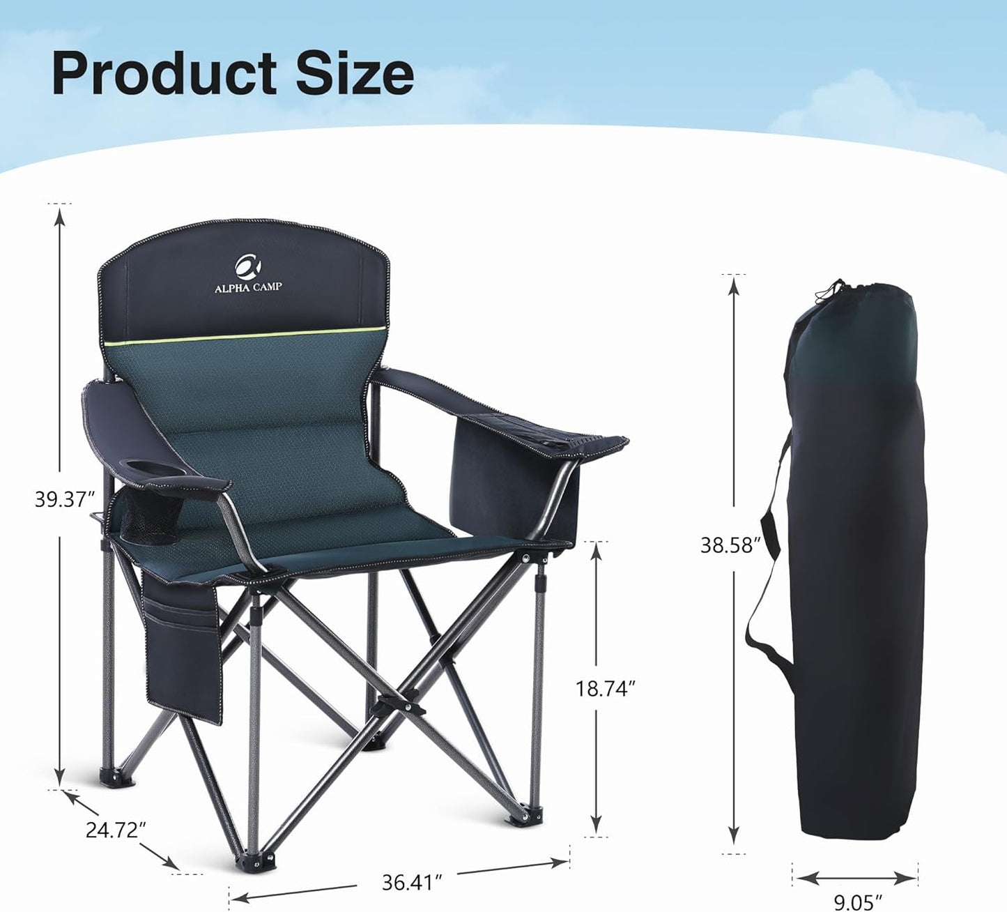 HIGH POINT SPORTS Oversized Camping Folding Chair, Heavy Duty Portable Outdoor Chair, Foldable Camp Chair with Cup Holder and Cooler Bag Support 450 LBS, 2 Pack, Green