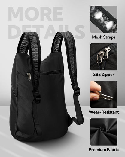 WATERFLY Foldable Lightweight Hiking Backpack: 15L Packable Traveling Daypack Men Women Ultralight Thin Casual Day Pack Bag for Outdoor Sports Camping Beach Park (Black)