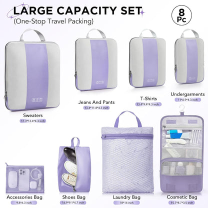8 Set Compression Packing Cubes for Travel Essentials,Compressible Expandable Packing Cubes for Suitcase,OlarHike Luggage Organizer Bags for Travel,Handy Helper for Organizing Clothes(Purple Gray)