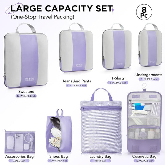 8 Set Compression Packing Cubes for Travel Essentials,Compressible Expandable Packing Cubes for Suitcase,OlarHike Luggage Organizer Bags for Travel,Handy Helper for Organizing Clothes(Purple Gray)