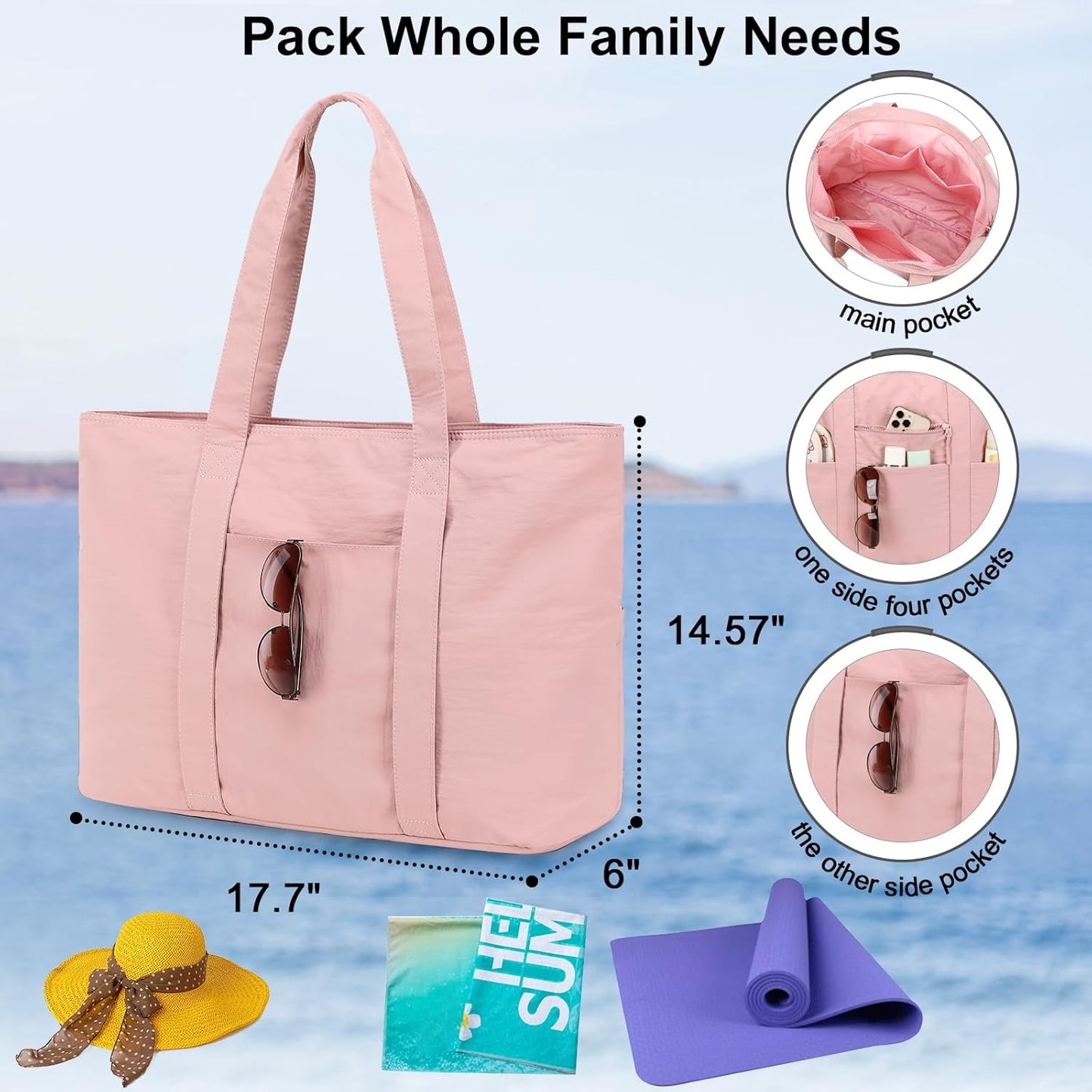 LEDAOU Beach Bags for Women, Beach Bags Waterproof Sandproof, Packable Beach Tote Bag with Zipper Travel Sports