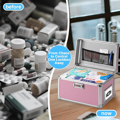 13.4 x 8 x 8.7 Inch Lockable Storage Box with Combination Lock, Portable Safe for Documents, Medicine, Cash & Valuables, Medicine Lock Box with Label Slot for Home, Office & Travel - Pink