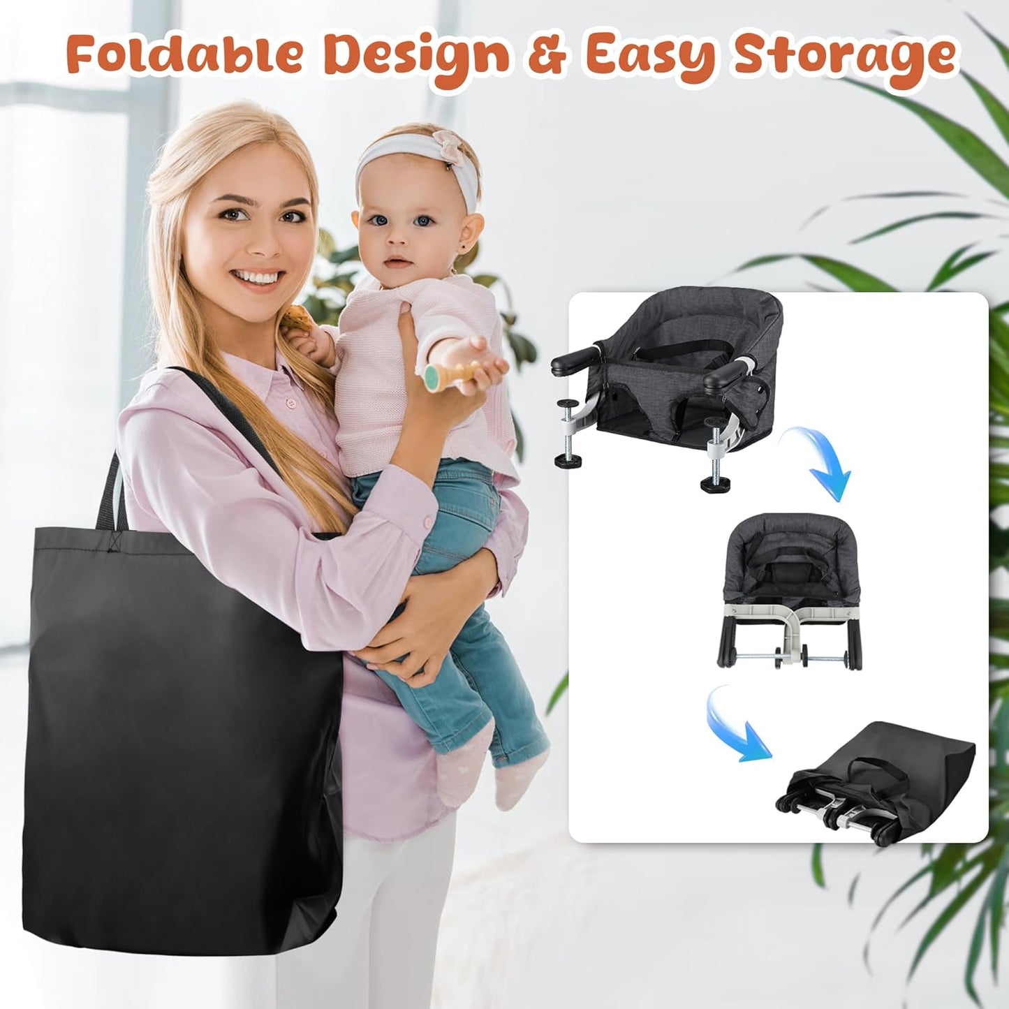 Hook On High Chair, Jozzve Baby High Chair, Portable High Chair for Travel, Foldable Fast Table Chair with Storage Bag, Baby Feeding Seat Clip On High Chair for Home and Travel (Black)
