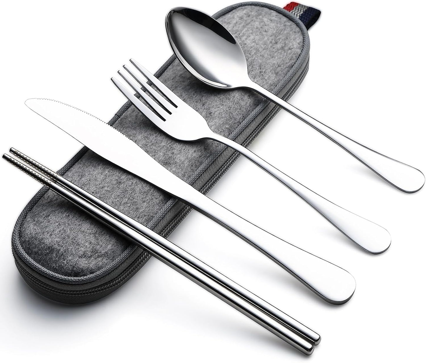 DEVICO Camping Utensils, Portable Travel Utensils with Case, Stainless Steel Reusable Silverware for Lunch Adult, 5Pcs Cutlery Set Includes Knife Spoon Fork Chopsticks and Case (Silver)