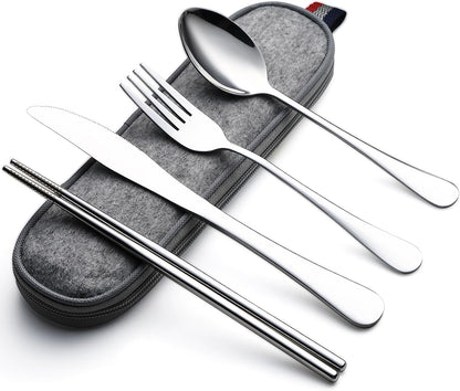 DEVICO Camping Utensils, Portable Travel Utensils with Case, Stainless Steel Reusable Silverware for Lunch Adult, 5Pcs Cutlery Set Includes Knife Spoon Fork Chopsticks and Case (Silver)