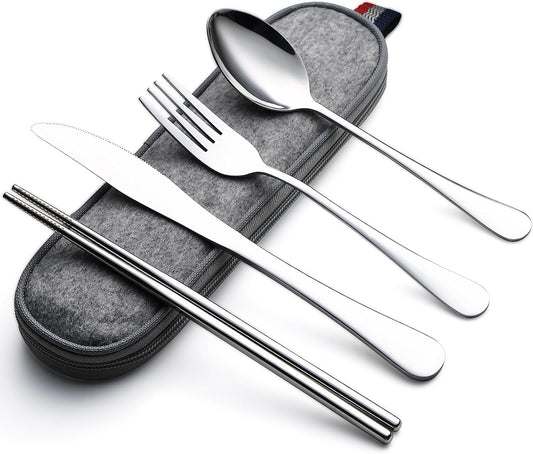 DEVICO Camping Utensils, Portable Travel Utensils with Case, Stainless Steel Reusable Silverware for Lunch Adult, 5Pcs Cutlery Set Includes Knife Spoon Fork Chopsticks and Case (Silver)