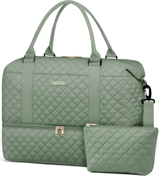 HOTOR Travel Duffel Bag - Weekender Bags for Women, Carry On Overnight Bag with Shoe Compartment, with Toiletry Bag for Travel Essentials and Travel Accessories, Green, 13.4"×17.3"×7.9"
