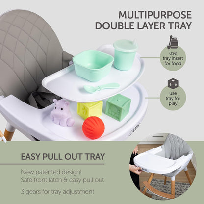 Convertible High Chair for Babies, Toddlers, Kids & Children - Wooden Highchair with Adjustable Height & Dishwasher Safe Tray - Wood Feeding & Dining Chair - Converts to Booster Seat - KoolaBaby