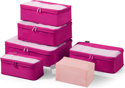 6 Set Compression Packing Cubes for Travel Essentials, Luggage Organizers for Suitcases (Rose Red)