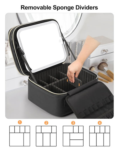 Relavel Makeup Bag with LED Mirror, Small Travel Makeup Case with Rechargeable Lighted Mirror 3 Color Lights, Double Layer Cosmetic Box Makeup Brush Lipstick Holder Organizer for Women, Black