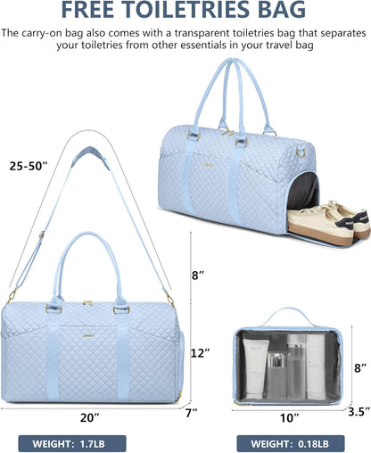 Women Duffle Weekender Travel Bag: Large Duffel Bags with Shoe Compartment Carry On Overnight Tote with Wet Pocket Traveling Weekend Gym Yoga Hospital Bag for Womens Light Blue