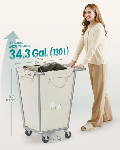 SONGMICS Laundry Basket with Wheels, 34.3 Gallons (130 L) Rolling Laundry Hamper with Removable Bag, Heavy-Duty Steel Frame, Cream White URLS008W01