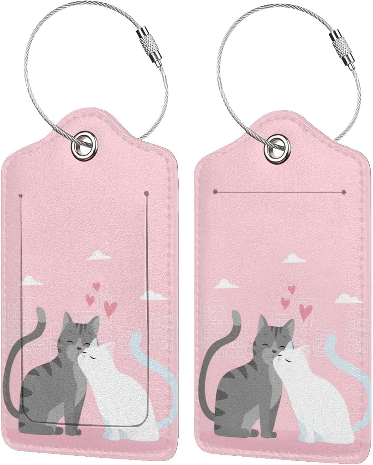 2PC Cats in Love Pattern Luggage Tag with Pink Background, Sublimation Printed Travel Suitcase Baggage Identifiers Tags for Women Men Couple Mr Mrs Children Kids Honeymoon Wedding Gift