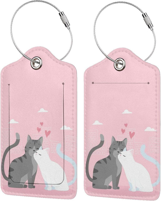 2PC Cats in Love Pattern Luggage Tag with Pink Background, Sublimation Printed Travel Suitcase Baggage Identifiers Tags for Women Men Couple Mr Mrs Children Kids Honeymoon Wedding Gift