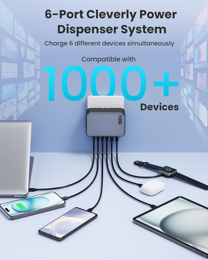 USB C Charger 200W USB Charging Block,6 Ports GaN IV Foldable Wall Charger Outlet Plug,QC4.0 Fast Charging Station Hub,PD 65W Laptop Adapter for MacBook Pro/Air,Dell,iPhone 16/15,Galaxy,Steam Deck