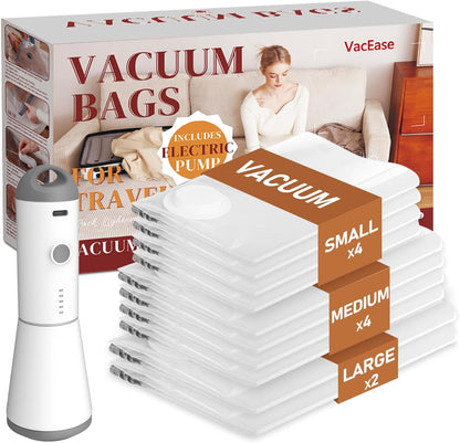 Vacuum Storage Bags for Clothing Travel, 10 Pack Vacuum Bags with Wireless Charging Air Pump(2 Large+4 Medium+4 Small), Compression Packing for Clothes Blanket Suitcase Luggage