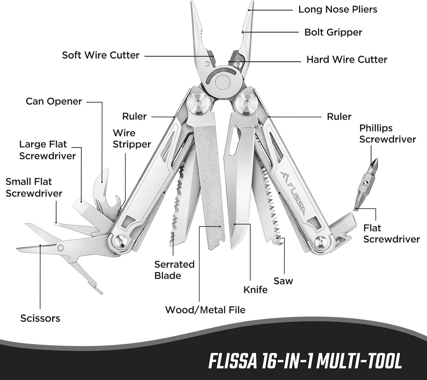 FLISSA Multitool, 16-in-1 Multitools with Sheath, Stainless Steel EDC Multitool, Pocket Knife, Bottle Opener, Screwdriver, Pocket Multi-Tool for Camping, Handwork, Hunting, Hiking, Fishing