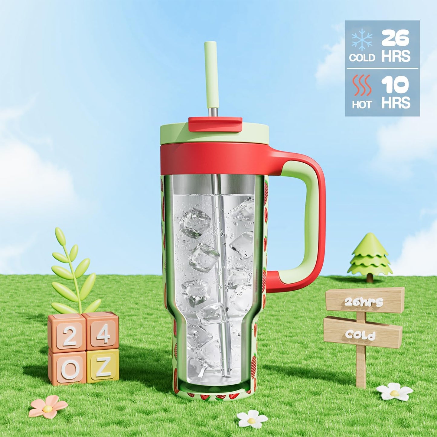 24 oz Metal Tumbler Cup for Girls: Easy Grip Handle, Leak-Proof when Sealed, Easy to Clean, Double Wall Vacuum Cup for Home, School, Daycare, Party, Picnic, Hiking, Travel, Gift (Strawberry Pop)