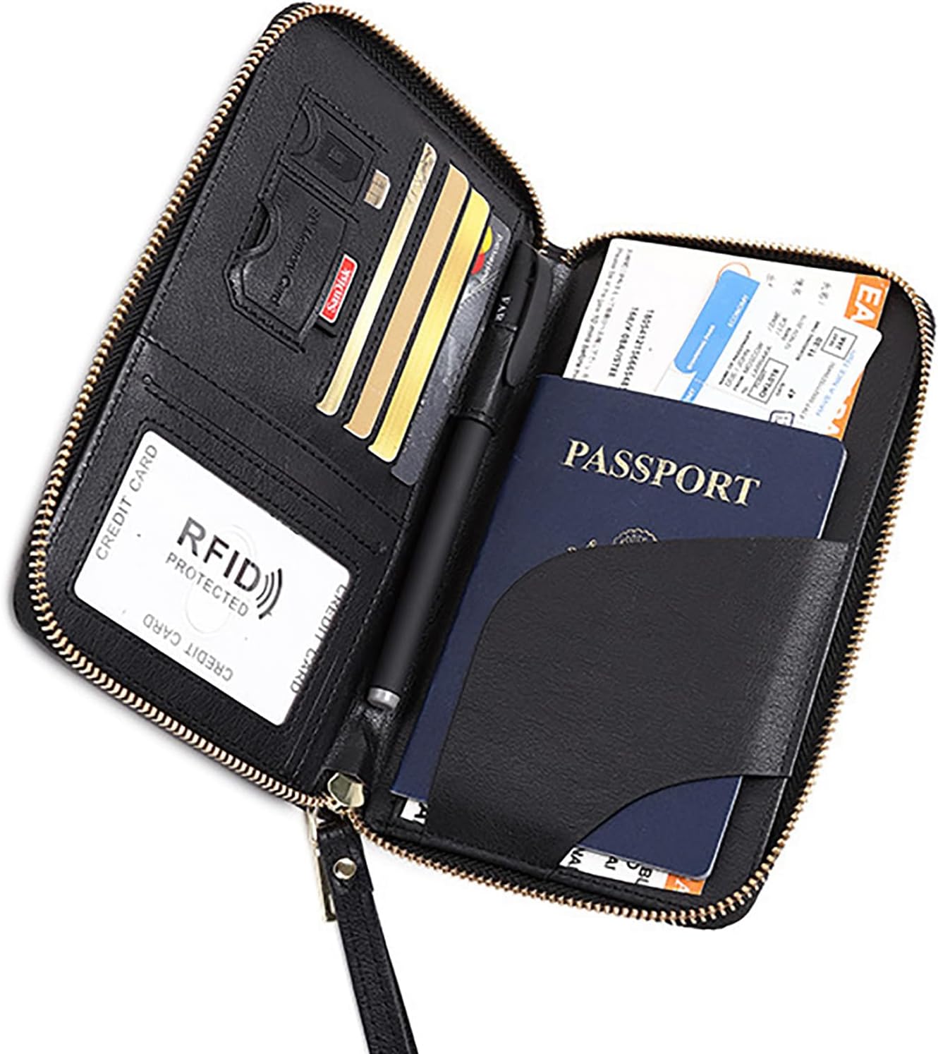 Rowgins Rfid Blocking Passport Holder Wallet, Rowgins Rfid Passport Holder with Zipper, PU Leather PassportHolder for Travel (BLACK)