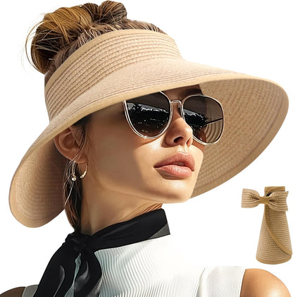PFFY Sun Hats for Women Straw Beach Hat Packable Foldable Wide Brim Ponytail Travel Visor