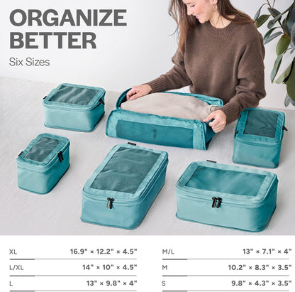 Compression Packing Cubes for Travel - Luggage Organizer Bags - Double Zipper Packing Cubes for Suitcases (6-Pack, Teal)