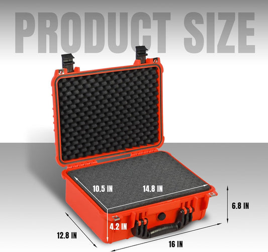 16x 12.8x 6.8 Inch Hard Case, Portable Weather Waterproof Protective Camera Case with Customizable Foam, Fit Use of Drones, Camera, Equipments, Orange