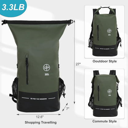 UPWELL Waterproof Dry Bag 30L Boating Backpack for Travel Hiking Camping Bags for Kayaking Hiking Waterproof Bags Swimming Floating Submersible Dry Bag Green