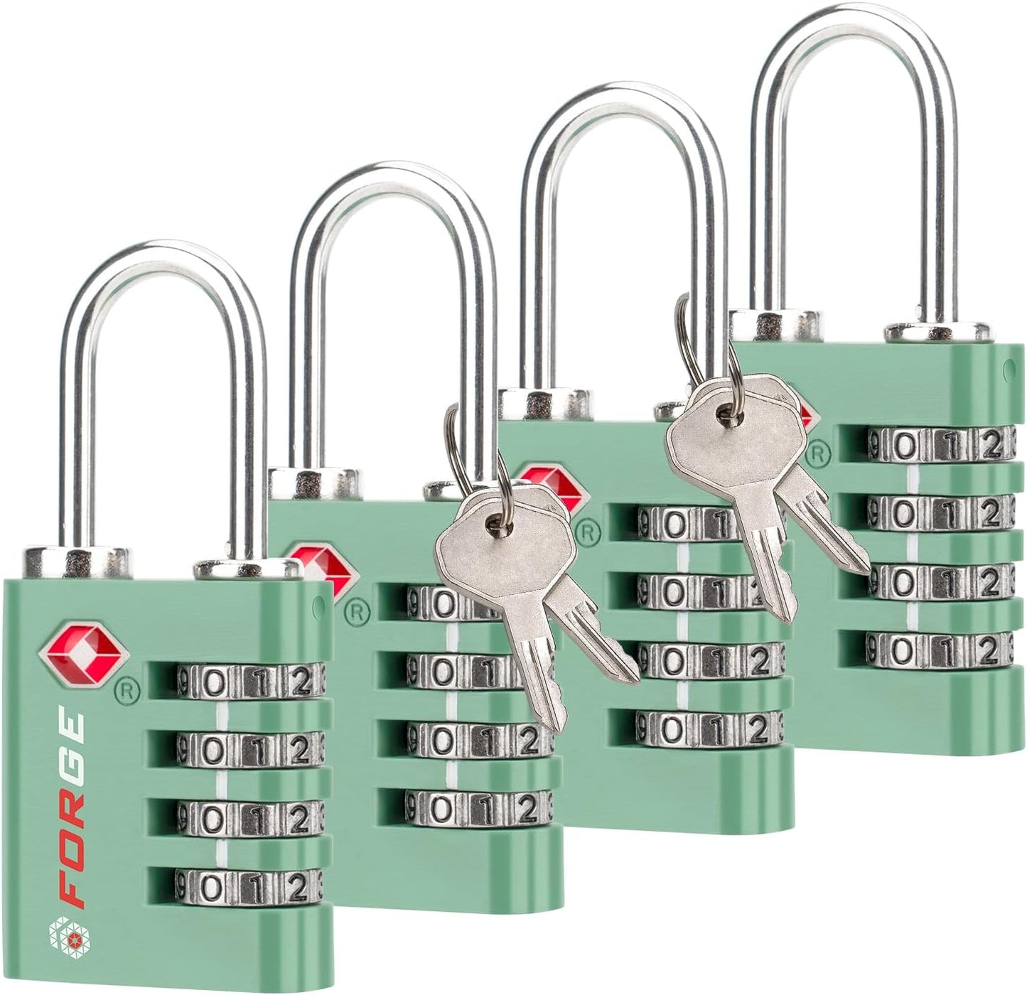 Forge Dual-Opening: Key or Combination Access Lock, TSA Approved Locks for Luggage, Pelican case, Travel, Gym, School, Stainless Steel Shackle. (Green, 4 Pk)