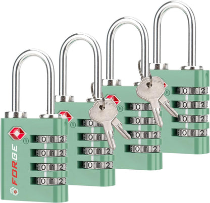 Forge Dual-Opening: Key or Combination Access Lock, TSA Approved Locks for Luggage, Pelican case, Travel, Gym, School, Stainless Steel Shackle. (Green, 4 Pk)