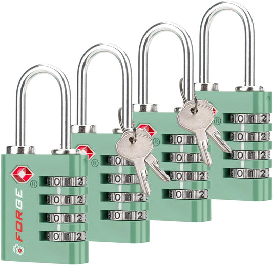 Forge Dual-Opening: Key or Combination Access Lock, TSA Approved Locks for Luggage, Pelican case, Travel, Gym, School, Stainless Steel Shackle. (Green, 4 Pk)