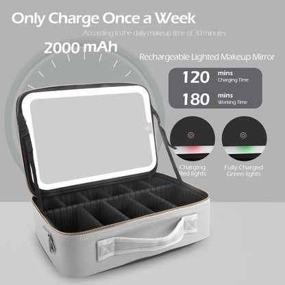 MOMIRA Large Makeup Train Case with Lighted and Mirror 14inch Partitionable Cosmetic Bag Travel Makeup Case Professional Cosmetic Artist Organizer, Waterproof Portable, with Shoulder Stra Silver