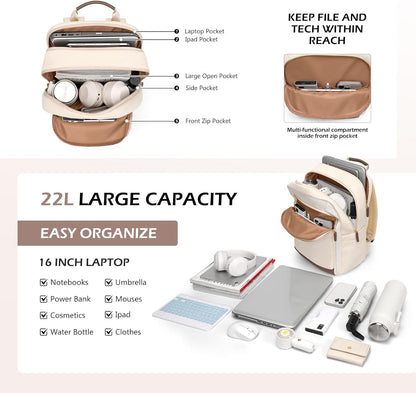 Laptop Backpack for Women Travel Carry On Bag Weekender Business Multilayer Personal Item Backpack,16 Inch,WApricot
