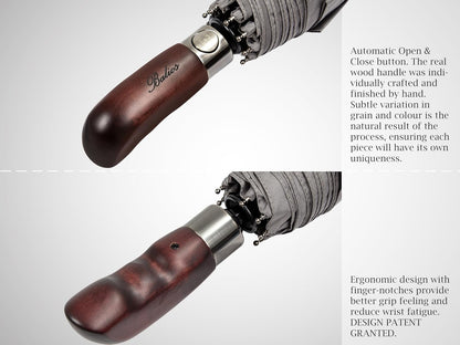 Balios Travel Folding Umbrella with Real Wood Handle Auto Open Close Vented Windproof Canopy - Designed in UK