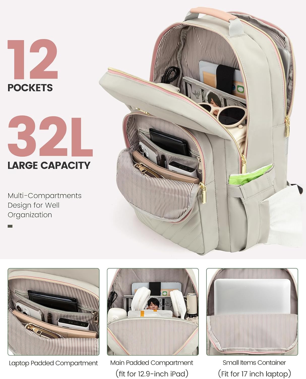LOVEVOOK Laptop Backpack for Women, Travel Computer Work Bags with 17-inch Laptop Compartment, College School Student Bag Teen Backpacks For Girls, Outdoor Carry On Backpack Purse, Grey Pink